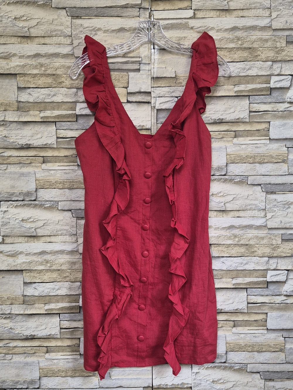 ​Karlie Red Linen Blend Ruffle Sleeveless Mini Dress Size L Boho Summer